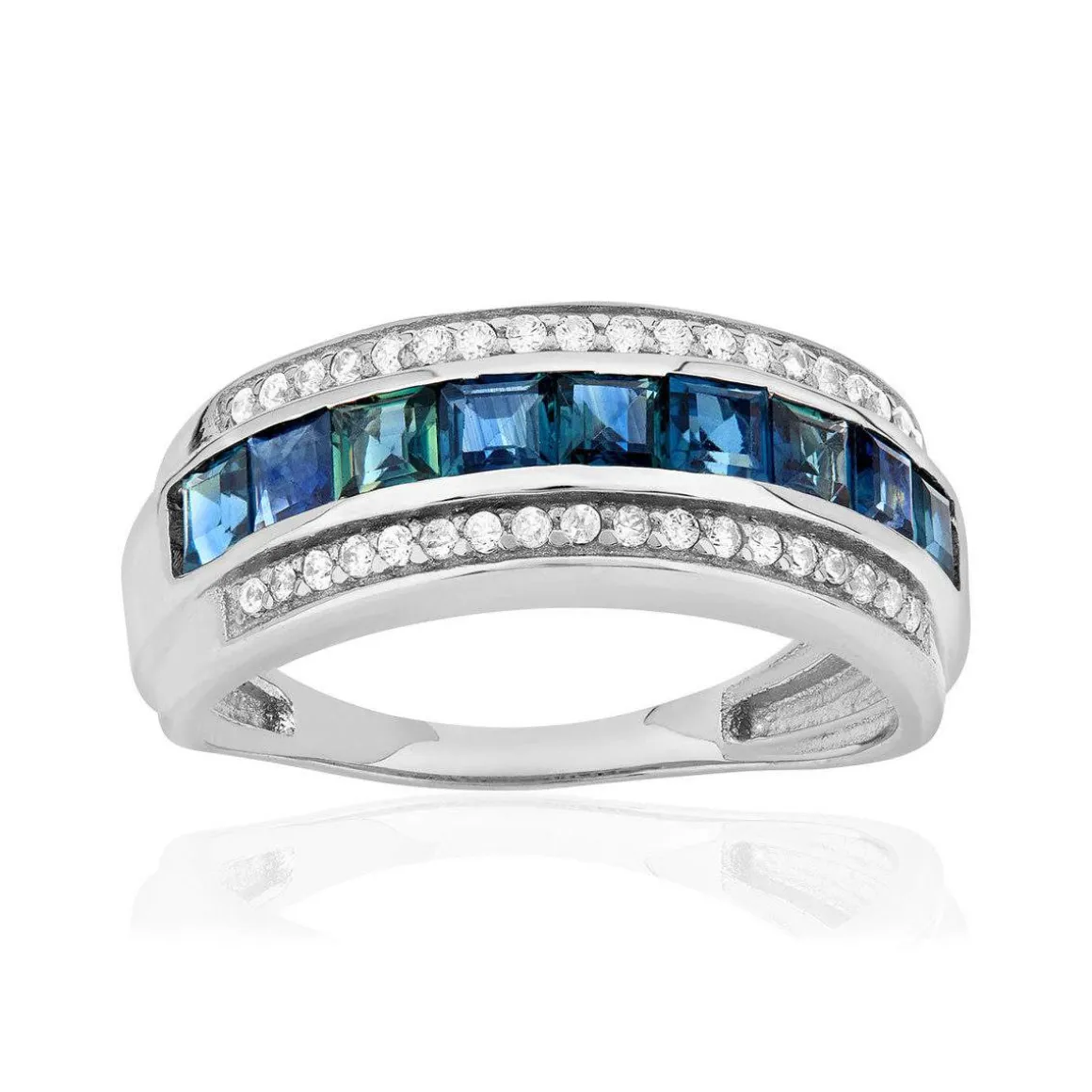 Bague or 375 blanc 9 saphirs et zirconias.