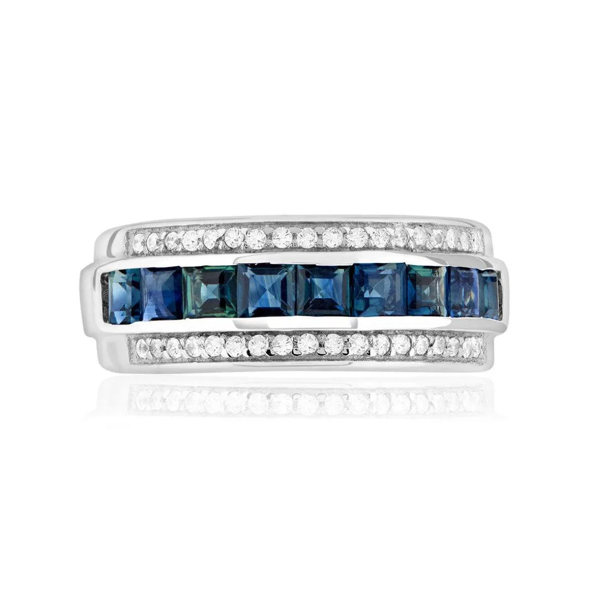 Bague or 375 blanc 9 saphirs et zirconias.