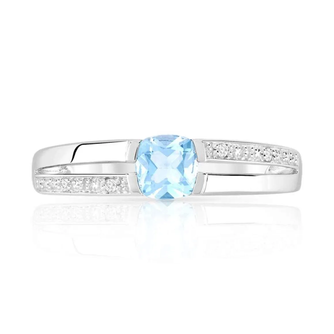 Bague or 375 blanc topaze bleue traitée et diamants