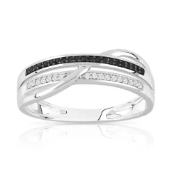 Bague or 375 blanc triple anneau diamants noirs traités et diamants blancs