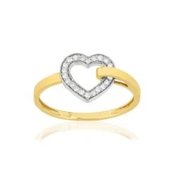 Bague or 375 et or rhodié, forme coeur, diamants total 10/100e de carat.