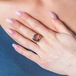 Bague or 375 jaune diamants et quartz fumé