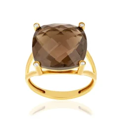 Bague or 375 jaune diamants et quartz fumé