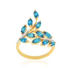 Bague or 375 jaune diamants et topazes bleues traitées