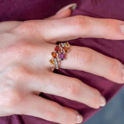 Bague or 375 jaune diamants grenat, grenat rhodolites et citrine