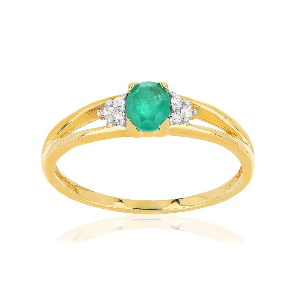 Bague or 750 jaune émeraude ovale et diamants