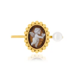 Bague or 375 jaune or camées marrons et perle de culture de Chine