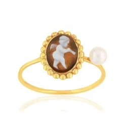 Bague or 375 jaune or camées marrons et perle de culture de Chine