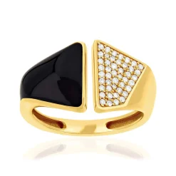 Bague or 375 jaune ouverte résine noire et zirconias