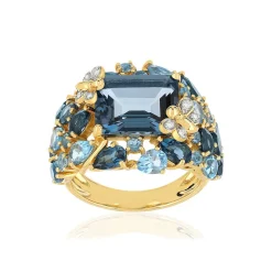 Bague or jaune 750 papillons topazes traitées London Blue et Swiss Blue et diamants