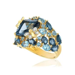 Bague or jaune 750 papillons topazes traitées London Blue et Swiss Blue et diamants
