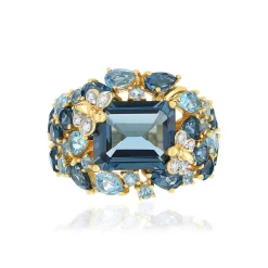 Bague or jaune 750 papillons topazes traitées London Blue et Swiss Blue et diamants