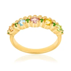 Bague or 375 jaune péridots, citrine, tourmaline, topaze bleue traitée, saphir et pierres naturelles vertes