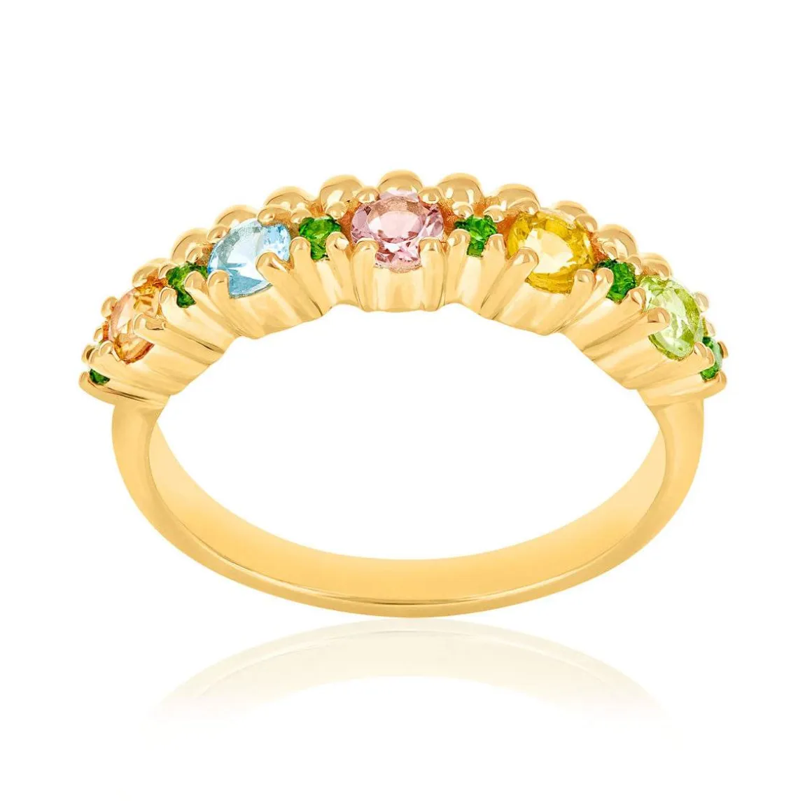 Bague or 375 jaune péridots, citrine, tourmaline, topaze bleue traitée, saphir et pierres naturelles vertes