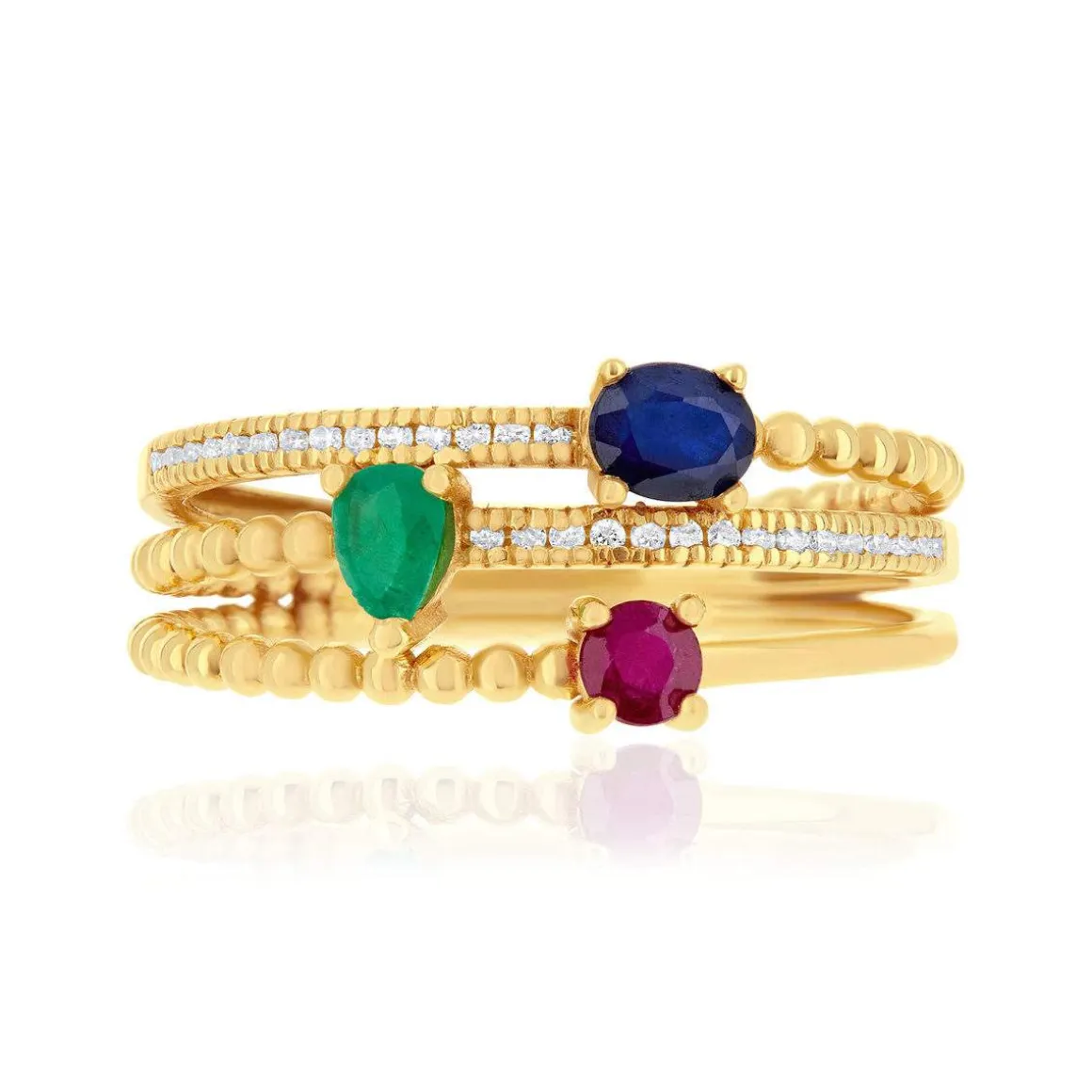 Bague or 750 jaune rubis, émeraudes, saphirs et diamants