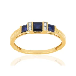 Bague or 750 jaune saphirs carrés et diamants
