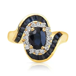Bague or 750 jaune saphirs et saphir central entouré de diamants