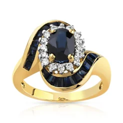 Bague or 750 jaune saphirs et saphir central entouré de diamants