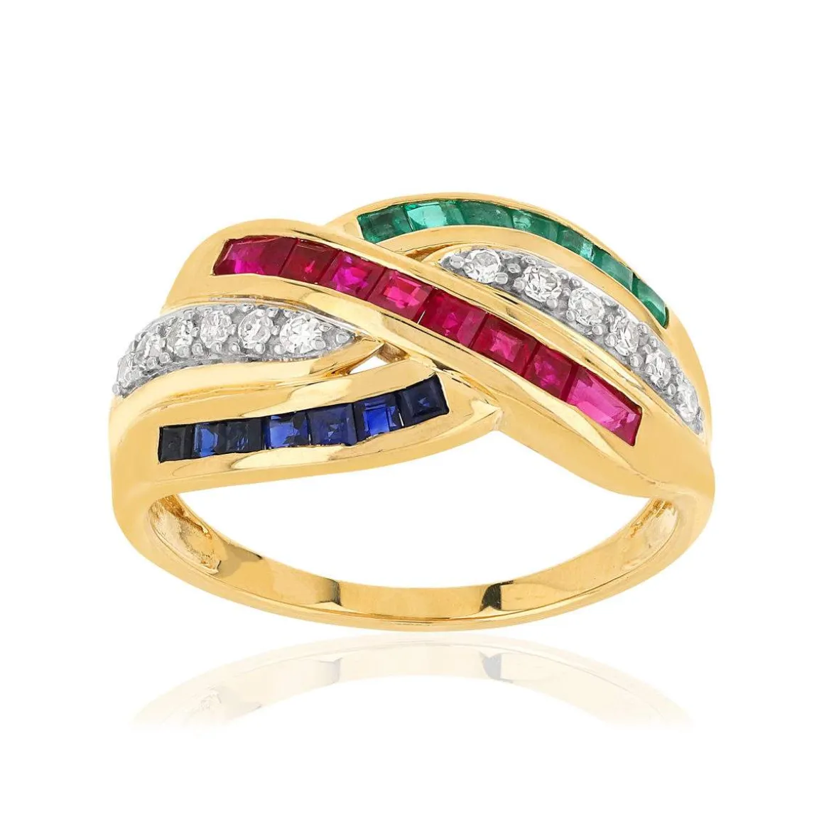 Bague or 750 jaune saphirs rubis émeraudes et diamants