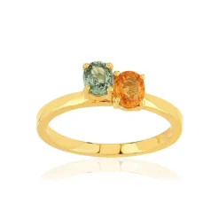 Bague or 375 jaune saphirs vert et orange