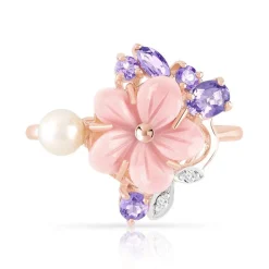 Bague or 375 rose fleur pierres fines diamants perle de culture de Chine et nacre rose