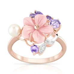 Bague or 375 rose fleur pierres fines diamants perle de culture de Chine et nacre rose
