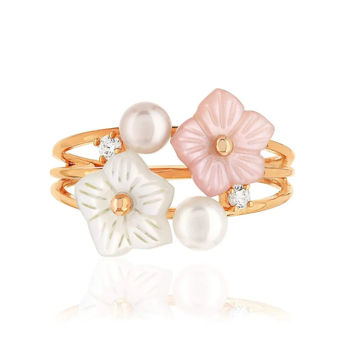 Bague or 375 rose fleurs nacres perles et topazes blanches