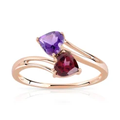 Bague or 375 rose grenat rhodolite et améthystes coeurs