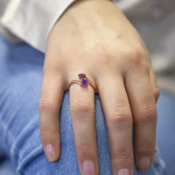 Bague or 375 rose grenat rhodolite et améthystes coeurs