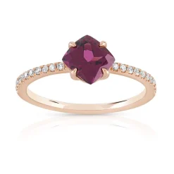 Bague or 375 rose grenat rhodolite carrée et diamants