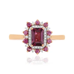 Bague or 375 rose grenats rhodolites et diamants