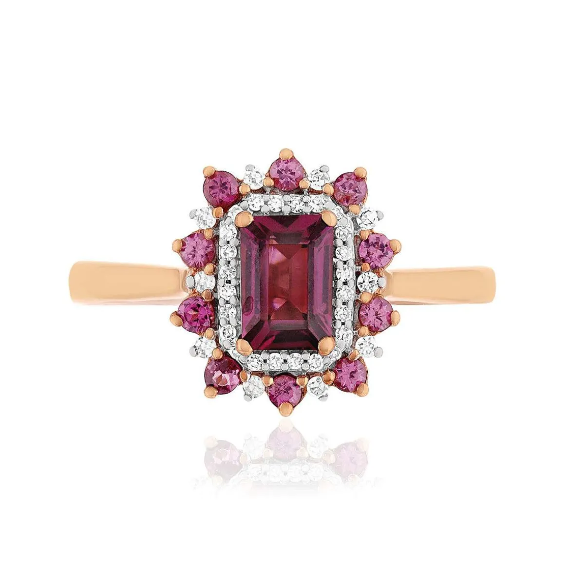 Bague or 375 rose grenats rhodolites et diamants