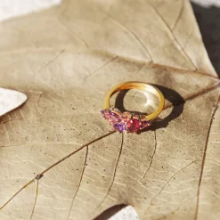Bague or 375 rose pierres fines et diamant