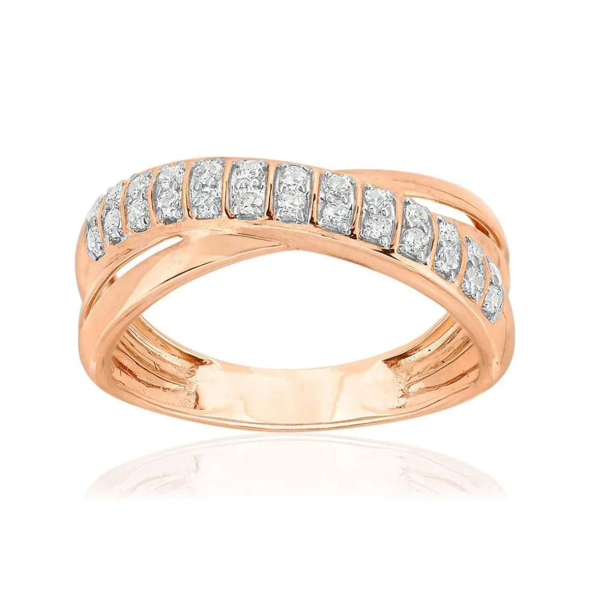 Bague or 750 rose 2 tons anneaux croisés diamants synthétiques 0,25 carat
