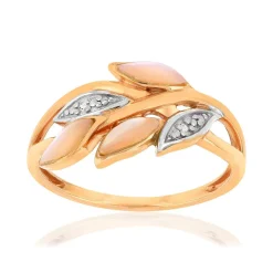 Bague or 375 rose 2 tons feuillage nacres roses et diamants