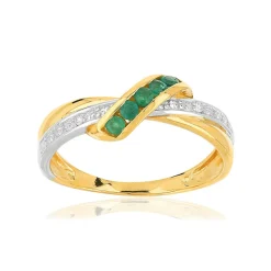 Bague or 375 2 tons entrelacée émeraudes et diamants
