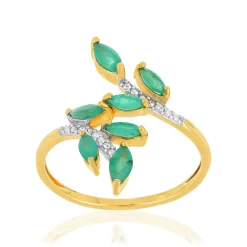 Bague or 375 2 tons feuillage émeraudes et diamants