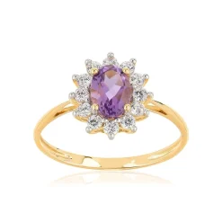 Bague or 375 2 tons fleur améthyste ovale et zirconias