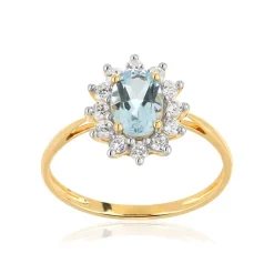 Bague or 375 2 tons fleur topaze bleue traitée ovale et zirconias