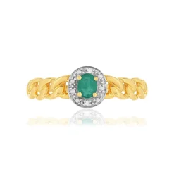 Bague or 375 2 tons, émeraude, diamants, motif maille gourmette