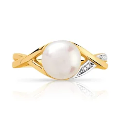Bague or 375 2 tons perle de culture de Chine et diamants