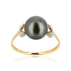 Bague or 375 2 tons perle de Tahiti et diamants