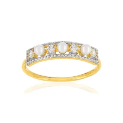 Bague or 375 2 tons perles de culture de Chine et zirconias