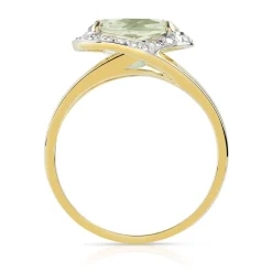 Bague or 375 2 tons quartz vert ovale et diamants