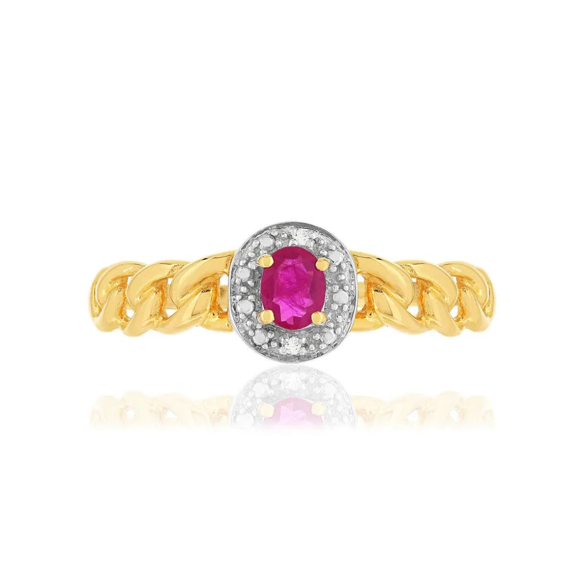 Bague or 375 2 tons, rubis et diamants, motif maille gourmette