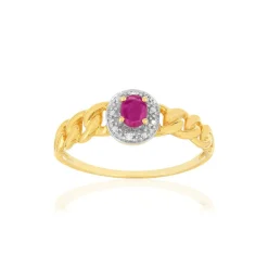 Bague or 375 2 tons, rubis et diamants, motif maille gourmette
