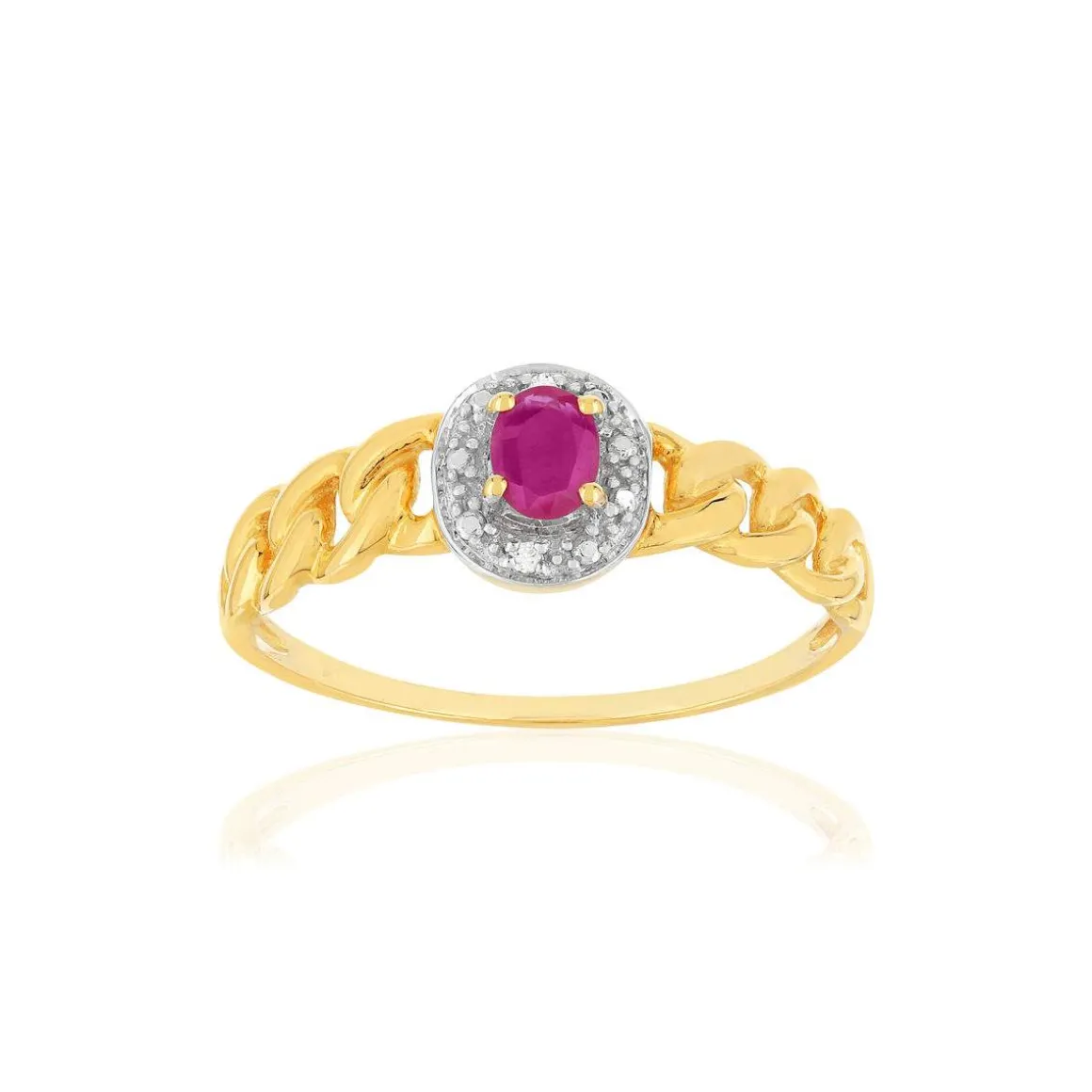 Bague or 375 2 tons, rubis et diamants, motif maille gourmette