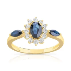 Bague or 375 2 tons saphirs ovales et topazes blanches