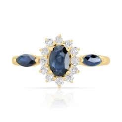 Bague or 375 2 tons saphirs ovales et topazes blanches