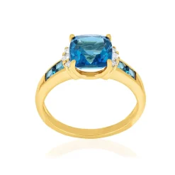 Bague or 375 2 tons topazes bleues traitées et diamants